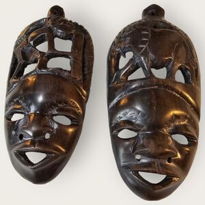 Set of 2 Dark Brown Carved Wood African Tribal Masks Elephant Working Man